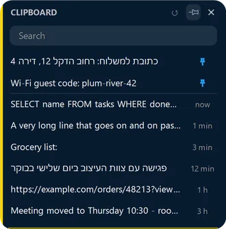 The Clipboard card: a search box, two pinned clips and the texts copied last, each with its time.