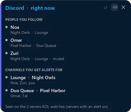 Discord's Who's on card: the people you follow and the voice channels you get alerts for, with who is in each.