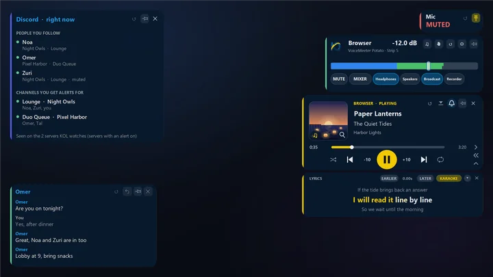 KOL's cards on a dark desktop: Discord's Who's on card, a chat card, the sound card with a muted microphone, and the player with karaoke lyrics.