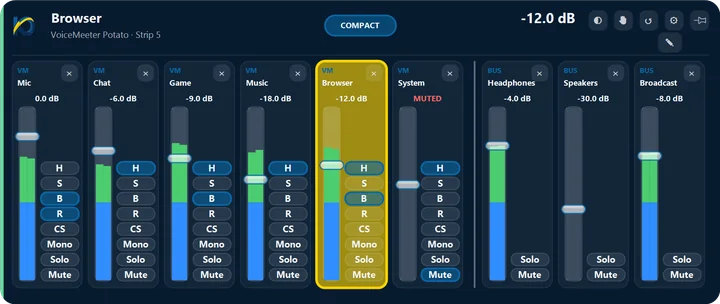 KOL's Mixer: nine channels with volume faders, live levels and Solo, Mono and Mute buttons. The Browser channel is selected.