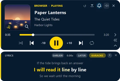 The player card: Paper Lanterns by The Quiet Tides, with its seek bar and ten-second jumps, and karaoke lyrics under it.