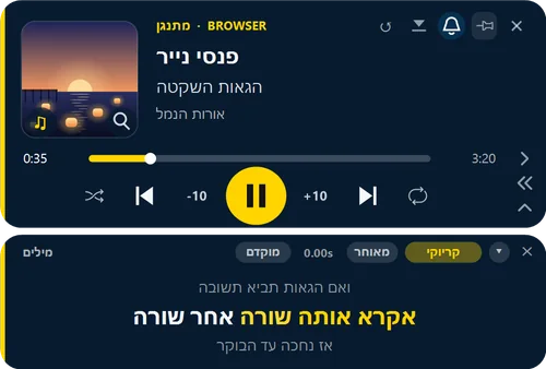 כרטיס הנגן: פנסי נייר של הגאות השקטה, עם פס התקדמות וקפיצות של עשר שניות, ומתחתיו מילים בסגנון קריוקי.