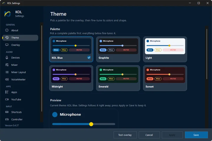 KOL Settings, the Theme page: six palettes (KOL Blue, Graphite, Light, Midnight, Emerald, Sunset) and a live preview.